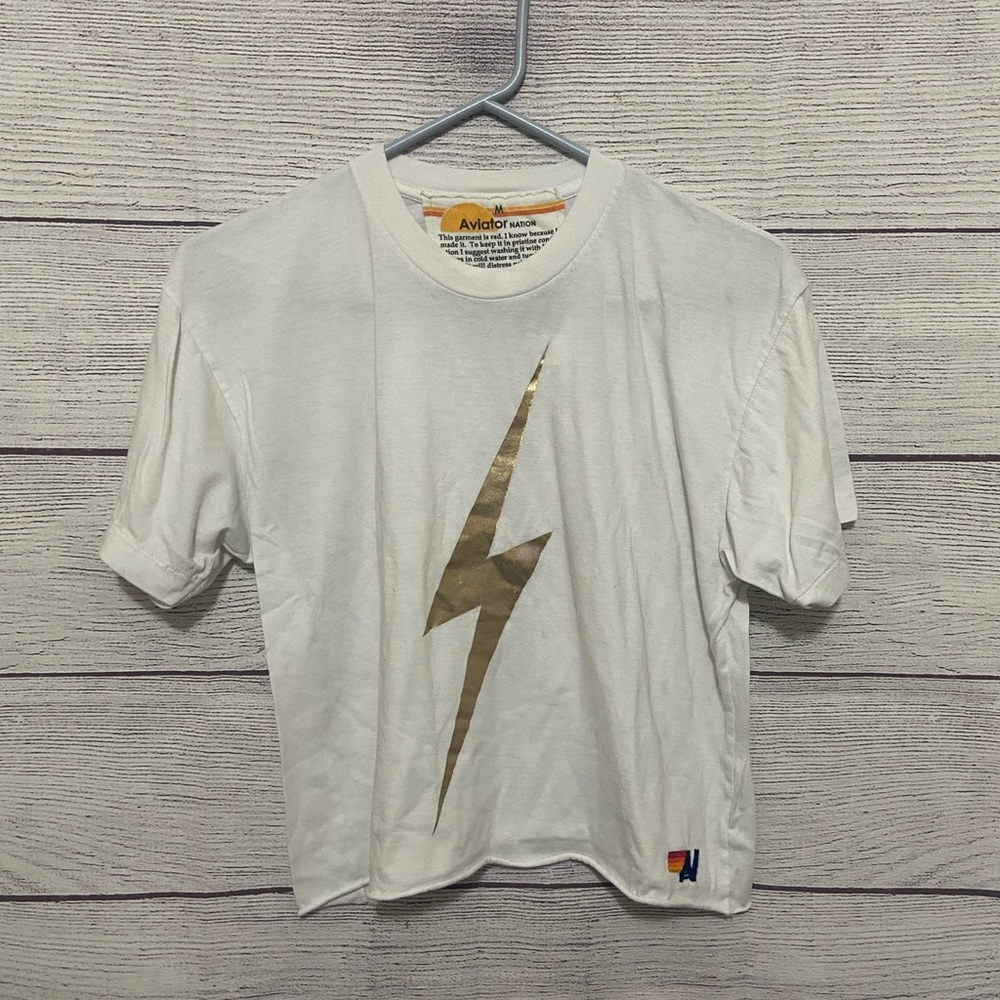 Aviator Nation White Tee with Gold Lightning Bolt